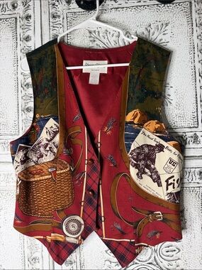 Vintage Fishing Print Red Vest Womens